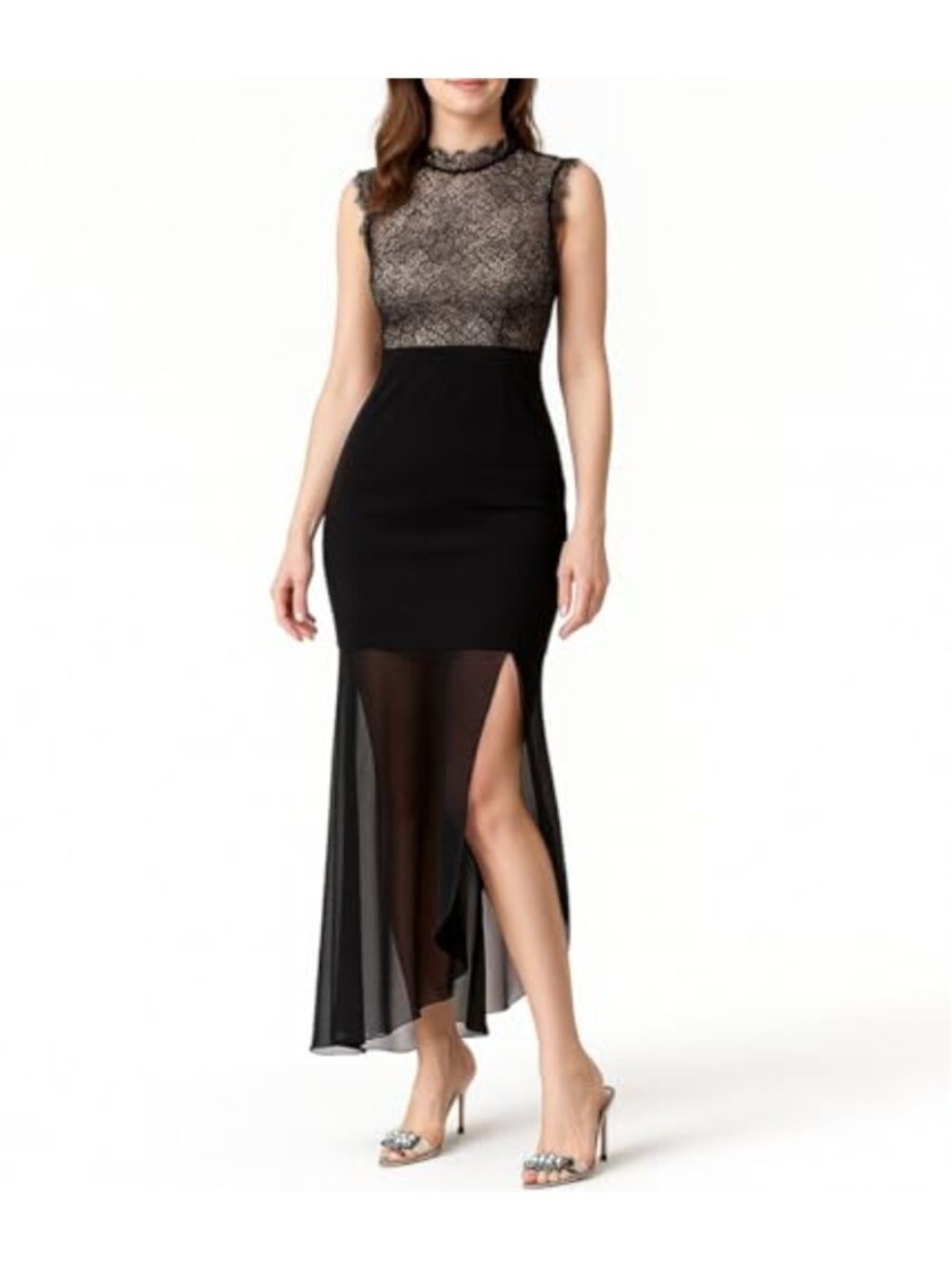 Lace Cocktail Midi Dress with Thigh Slit for Evening Wedding Guest